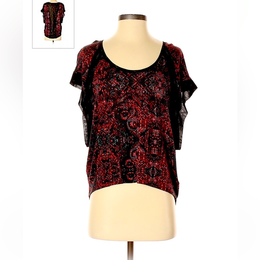 Ecote short sleeve top sheer back black red size S